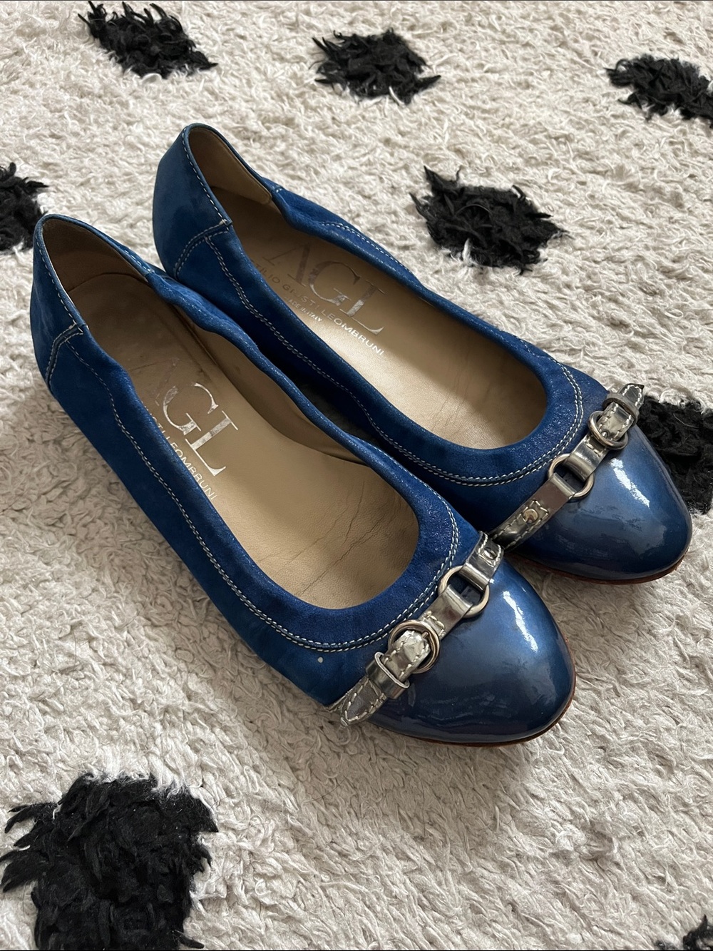 AGL size 40 Navy Leather & Patent Ballet Flats with Silver Buckle